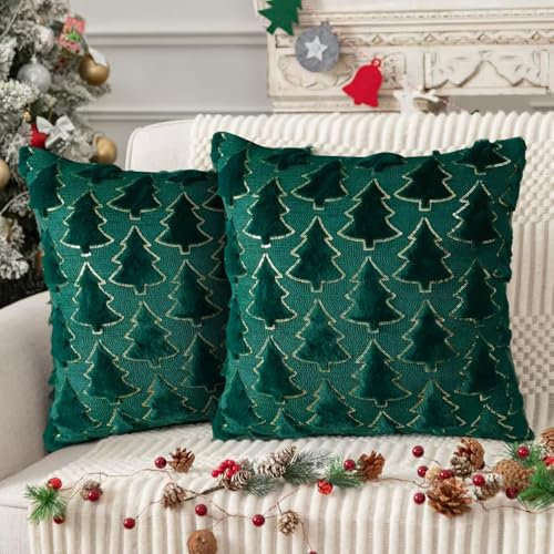 Starnearby 2er Set Kissenbezug Weihnachten 45x45 Weihnachtskissen Weihnachtskissenbezug Flauschige Kissen Weihnachten Kissenbezüge Winter Kissenhülle Weihnachtsdeko Innen (grüner Weihnachtsbaum)