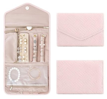 Small Travel Jewellery Organiser Foldable: 5 Storage Compartments Jewelry Storage Roll for Journey-Rings, Necklaces, Bracelets, Earrings