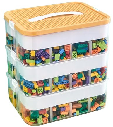 Aufbewahrungsboxen für Lego Bausteine Box mit Deckel Stapelbare Steine Sortierboxen Spielzeug Kleinteile Kiste Bausteine Box Behälter Transparent Organizer für Kinder Spielzeugkiste (Gelb, 3 Schicht)
