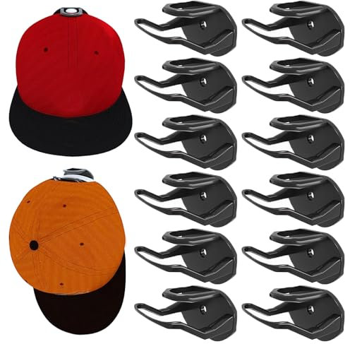 FYting Kappenhalter,12 Stück Cap Halter,Cap Regal,Selbstklebender Nahtloser Huthaken, Cap Halterung Wand, Huthaken Zur Wandmontage FüR Baseballkappen, WellensittichhüTe, SonnenhüTe(Schwarz)