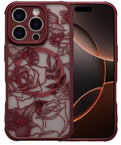 XIZYO Magnetic Rose Flower Case for iPhone 16 Pro 6.3 Inch, Wine Red | Compatible with MagSafe, Cute Aesthetic Rose Floral Pattern, Translucent Frosted Touch, Girly Design, Shockproof Anti-Yellow