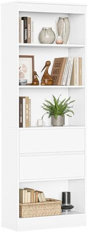 AOGLLATI Bücherregal, Bücherschrank mit 2 Schubladen und 4 Fächern, Büroregal mit verstellbaren Ablagen, 180 cm Hochschrank für Wohnzimmer Schlafzimmer Arbeitszimmer, modern, platzsparend, Weiß