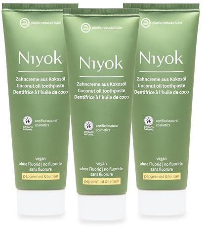 Niyok Zahncreme Pfefferminz & Zitrone 3 x 75 ml | 3er-Pack fluoridfreie Zahnpasta mit Bio-Kokosöl und Kreide für die tägliche Zahnpflege