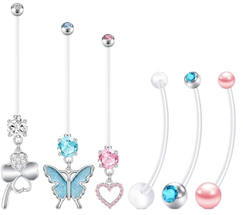 FECTAS Piercing de nombril grossesse 14 16 18 25 32 35 38 mm Longueur de la tige en plastique Piercing de nombril grossesse Piercing de nombril suspendu Cœur Perle Piercing de nombril Bijoux
