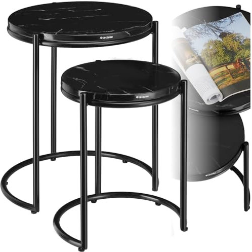 tectake® Couchtisch rund, Kleiner Tisch, Beistelltisch Metall und Marmor, Wohnzimmer Möbel, Coffee Table, Beistelltisch, Nachttisch rund, Sofatisch, Kaffeetisch modern - schwarz/schwarz, 2er Set