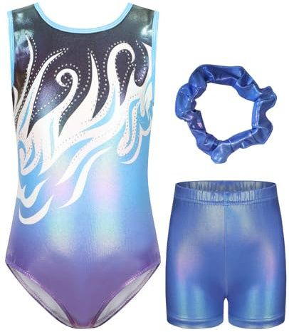 Soudittur Mädchen Turnanzug 3-teiliges Gymnastikset, Ärmellos Gymnastikanzug Kinder mit Shorts und Haarband Gymnastikbody Turnbody (9-10J,Blau)