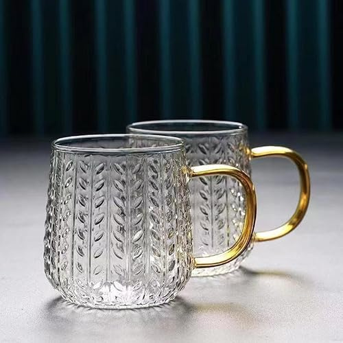 Sharemee - Drinking Cup Weizenohren Trinkgläser Wassergläser mit goldenem Griff, Hitzebeständigkeit Saft Eistee Milchbecher, 350ML/ 12oz (2er Set)
