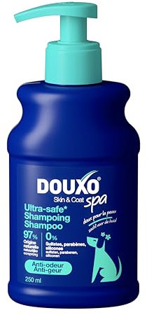 douxo Skin & Coat Spa – Ultra-Safe Anti-Geruchsshampoo für Hunde, 250 ml, reinigt und befeuchtet die Haut, entfernt schlechte Gerüche, hinterlässt das Fell weich und angenehm parfümiert, schont die