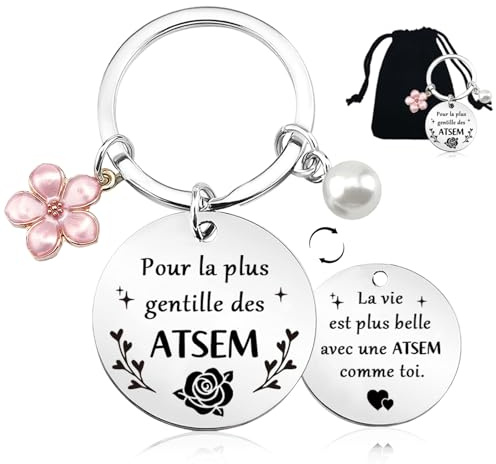 BOYATONG Cadeau Atsem Maitresse D'école Fin D'année, Porte Clef Atsem Maternelle avec Pochette en Velours, Merci Cadeaux Pour Atsem Maitresse D'école Personnalisé