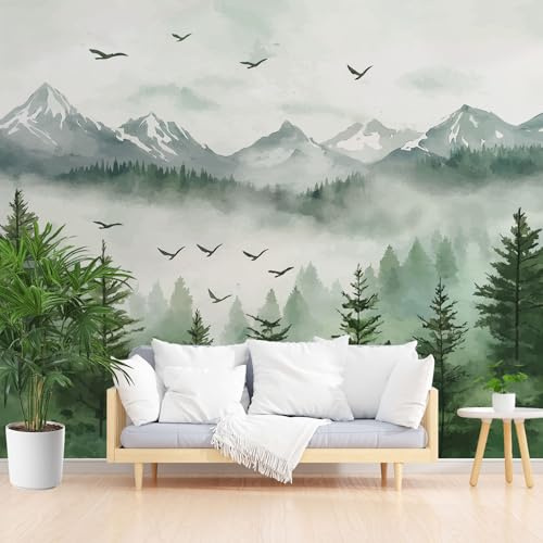 Aquarell Nebelwald Tapete Badezimmer Wasserfest, Dschungel Vögel Berge Fototapete Schlafzimmer, Natur Landschaft Tapeten Vliestapete Kinderzimmer Wohnzimmer Abwaschbar Tapete 200 x 140 cm (B x H)