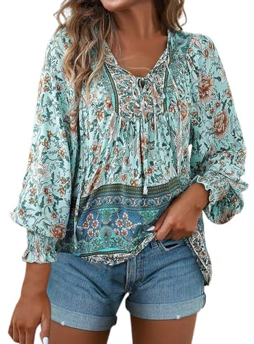 schlagermove Outfit Damen Hippie Damen Boho Oberteil Tunika Elegant Bluse, Blumenmuster Mode Bluse Style Rosa Weiß 70er Jahre Indische Kleidung Musselin Oversized Baumwolle Blau L