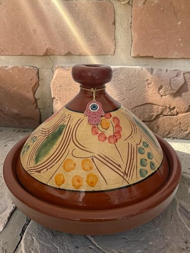 ORIGINAL Tajine Marocain Ø 30 cm Fait Main au Maroc – Terre Cuite Naturelle Sans Plomb – 5/6 Personnes – Avec Accessoires Inclus (Tajine Berbère Motif 1)