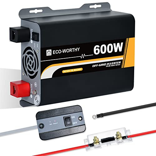 ECO-WORTHY 600 W 12 V-230 V AC Off-Grid Solar Inversor de onda sinusoidal DC con mando a distancia y fusible & para coche, autocaravana, camping vehículo y sistemas solares