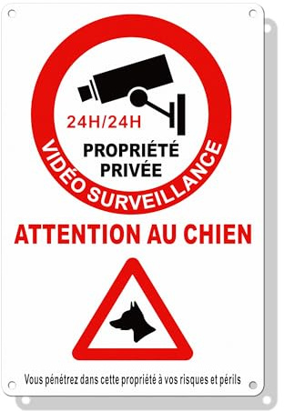Hivia Panneau Vidéosurveillance 24h/24 et Attention Chien Alu– 30x20 cm