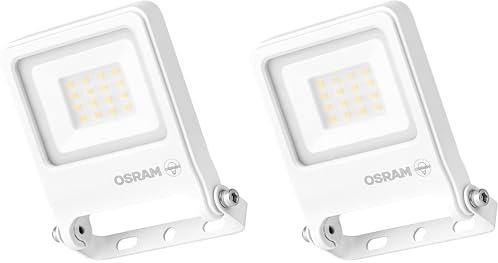 OSRAM Proyector LED ENDURA FLOOD PC de 10 W, blanco cálido de 3000 K, 1000 lúmenes, IP65, material reciclado, soporte de montaje de 180°, blanco (Paquete de 2)