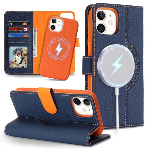 SailorTech Phone Case for iPhone 12 Genuine Leather Case with Card Slots Support Magsafe Charging, Detachable 2 in 1 Wallet Case with Card Holder, Flip Cover Purse for iPhone 12 Pro-Blue and Orange