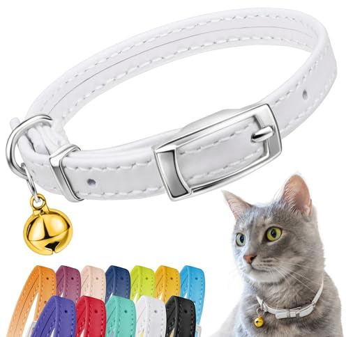 CollarDirect Leder Katzenhalsband mit Sicherheitsverschluss und Glocke 21,5 cm Weiß