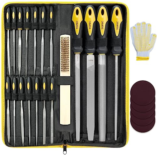 Topec 26 PCS Metal File Set, Grade T12 Forged Alloy Steel, Flat/Triangle/Half-round/Round File Set for Metal Work, Ideal Wood Rasps for Woodworking