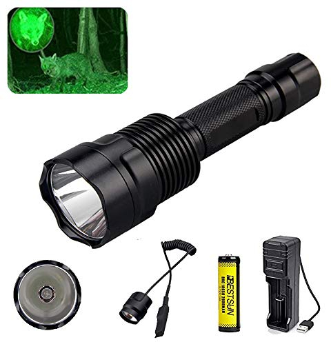 Grüne Taschenlampe für Jagd, BESTSUN Jagd LED Taschenlampe mit grünes Licht Coyote Hog 350 Lumen Langstrecken Jagdlampe mit Druckschalter, Akku und Ladegerät