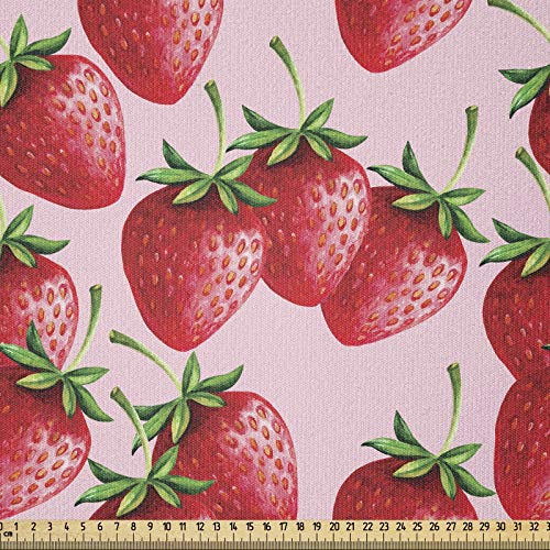 ABAKUHAUS rot Stoff als Meterware, Saftige Erdbeeren Obst, ausdehnbar mit Elestan für Heimwerkarbeiten und Näharbeiten, 1Meter, Grün Rosa