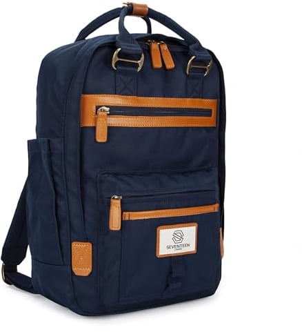 SEVENTEEN LONDON – 12L Laptop-Rucksack für Damen 13 Zoll Mädchen Jungen Schulrucksack Wasserabweisendes Nylon Tagesrucksack in Marineblau & Braun für Universität/Reisen/Herren – 'Wimbledon'