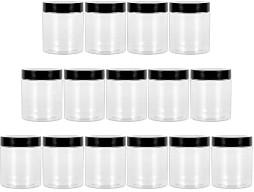 Yishik 15 Pack Round 8oz Plastic Jars with Black Lids,Refillable PET Clear Storage Jars for Slime Making,Cosmetic,DIY Crafts,Kitchen Storage(40 labels as gift)