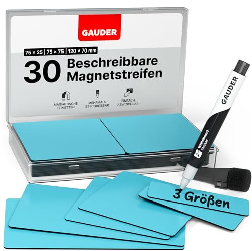 GAUDER Magnetetiketten beschreibbar - Wiederverwendbare Magnetschilder zum Beschriften für Whiteboard, Tafel, Kanban-Board und Kühlschrank - Magnetkarten mit Marker (30 Stück - 3 Größen)