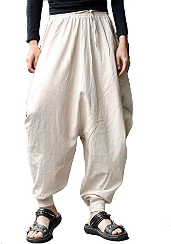AITFINEISM Men's Drawstring Casual Hippie Harem Pants Loose Drop Crotch Trousers (3XL,Beige)