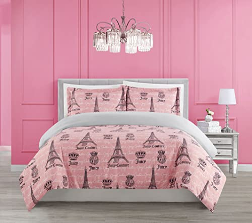 Juicy Couture - 3-teiliges Bettwäsche-Set Juicy in Paris Bonjour Eiffelturm Design, Kingsize, Set beinhaltet 1 Bettdecke und 2 Kissenbezüge, 100% Polyester, wendbar, Rosa, Schwarz und Grau