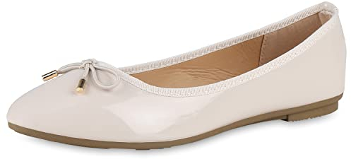 VAN HILL Damen Klassische Ballerinas Kunstleder Schuhe Flache Schleifen Freizeitschuhe Sommerschuhe Übergrößen 203968 Beige Lack 41