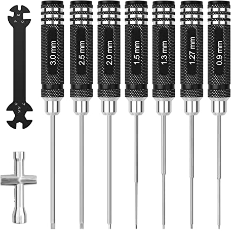 Craznick Set di utensili per cacciavite esagonale RC 0,9 mm, 1,27 mm, 1,3 mm, 1,5 mm, 2,0 mm, 2,5 mm, 3,0 mm, kit di cacciaviti a brugola esagonale e kit di strumenti chiave per auto RC