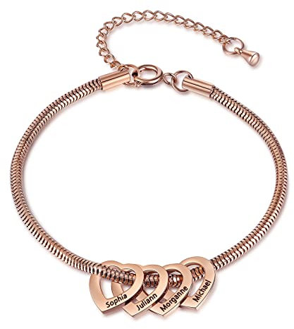Wamantic Personalisierte Fußkettchen für Frauen - Fußarmband mit Herz Charms, Gravur Name Fußkettchen Armband Sommer Schmuck Accessoire (Roségold, 5-Namen)