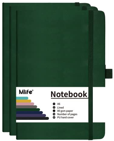 Mlife 3Pack A6 Klein Journal Notizbuch, 192 Seiten, A6 Notizbücher Mini Hardcover mit elastischem Verschlussband und Falttasche (Grün)…