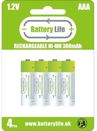 Battery Life AAA Rechargeable Batteries (4 pack) 300mAh Ni-MH 1.2v Household UK Brand