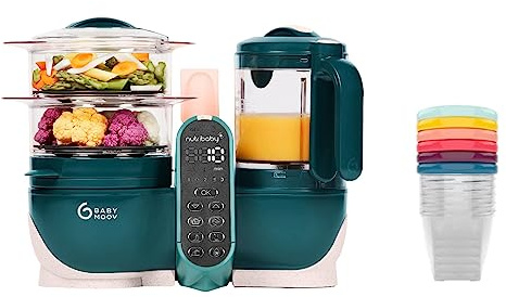 Babymoov Nutribaby(+) Opal Green + Lot de 6 pots de conservation Babybols 250ml - Robot Multifonctions pour Bébé 6 en 1 - Cuiseur vapeur - Mixeur - Idéal Batchcooking