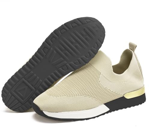 Running Sock Wedge Trainers, Ladies Women Slip on Sock Wedge Sneakers Classic Jogging Pumps Shoes Trainers Walking Lightweight Comfort Nurse mesh Flats Slip Resistant Shoes Khaki