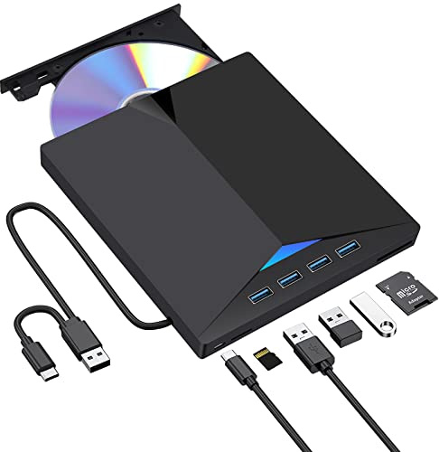 Hcsunfly External CD/DVD Drive for Laptop, Type-C CD/DVD Player USB 3.0 Portable Burner Writer Reader Compatible with Mac MacBook Pro/Air iMac Desktop Windows 7/8/10/XP/Vista (7 in 1)