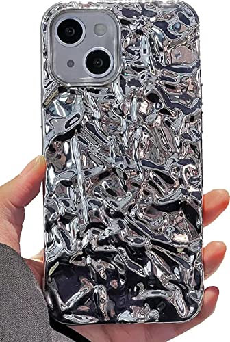 DIMEIYA Compatible with iPhone 13 and 14 Case, Tin Foil Pleated Luxury Designer Electroplated Silver Chrome Hearts Case for Silicone Slim Fit Soft TPU Case for iPhone 13 and 14 (Silver)