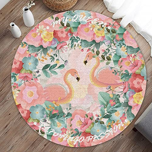 Teppich Rosa Flamingo Blume Outdoor Teppich Soft Teppich Rund Non-Slip Badezimmerteppich Waschbar Teppich Wohnzimmer Schlafzimmer Children's Room Teppiche Runder Teppich 120cm