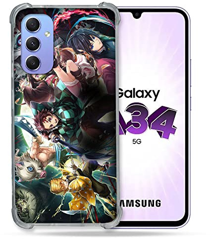 Cokitec Verstärkte Schutzhülle aus Hartglas für Samsung Galaxy A34 5G Manga Demon Slayer Groupe