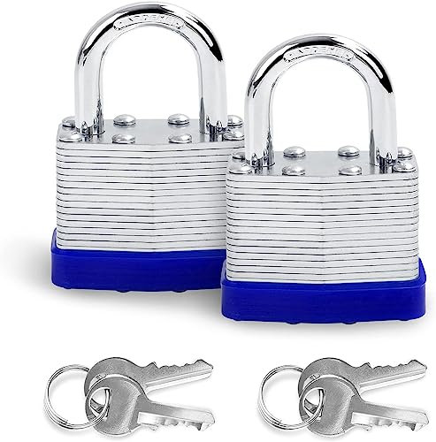 Aila Keyed Padlocks, Padlocks Outdoor Weatherproof 2Pcs Heavy Duty Shackle Padlocks with Keys Long Shackle Pad Lock for Outdoor Garden Shed Garage Fence Storage Units, Blue
