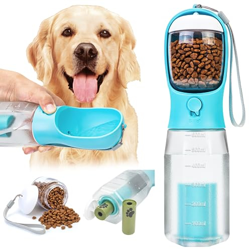 Xylitic 3 in 1 Dog Water Bottle, 20oz Pet Travel Water Bottle with Food Container, Poop Bags, Double Leak Proof Portable Dog Water Bottle Dispenser for Walking, Outdoor, Hiking, BPA-Free