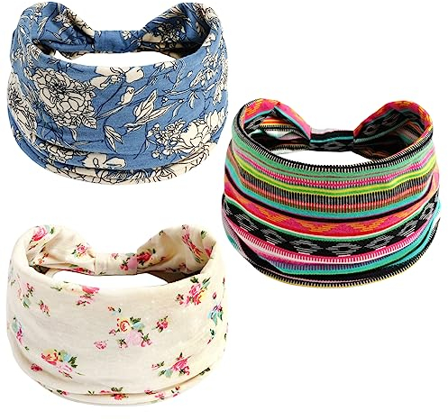 scicent Haarreif Damen 3 Stück Boho Stirnband Kopfband Gedruckt Stirnbänder Knoten Verdrehtes Elastische Kopf Wickeln Niedlich Haarschmuck für Mädchen - 13525