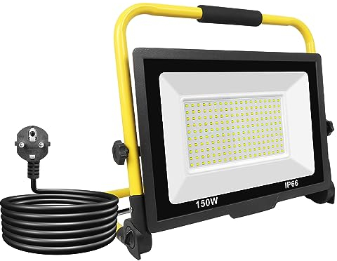 RIGIDON 150W Projecteur Chantier LED avec Prise, 15000LM Portable Lampe de chantier Spot LED Extérieur 6000K Blanc IP66 Etanche pour Garage Terrasse Jardin Atelier Construction
