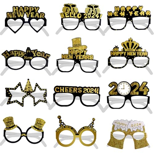 Reofrey Papier Silvester Party Brillen 2024 Frohes Neues Jahr Brille, 12 Stück Party Foto Zubehör Silvester Brille Neujahrsfeier mit Glitter, Requisite für Partygeschenke Partyzubehör Dekorations