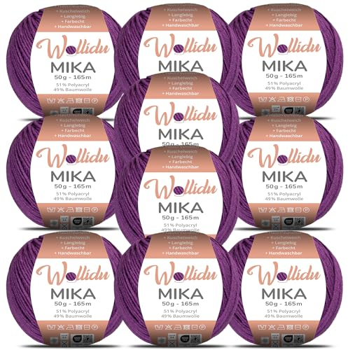 Wollidu Mika 51% Polyacryl 49% Baumwolle zum Häkeln und Stricken 10x 50g/165m Oeko-Tex Strickgarn Häkelgarn - Dunkellila