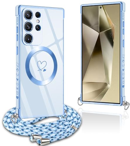 Pnakqil Coque Magnétique pour Samsung Galaxy S24 Ultra Con Cordon, Compatible avec MagSafe, Silicone Housse avec Motif Coeur d'amour Réglable Collier Lanyard, Antichoc Etui, Chaine-Bleu