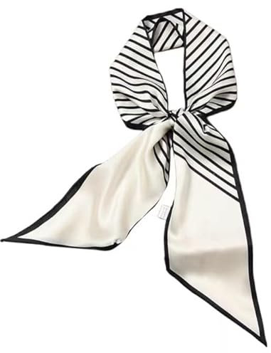 GIMIRO Satin Seidenschal 148 x 13,5 cm Krawatte Double Layer Bund für Blazer, Mantel, Kleid (Cream White/Black Stripes)