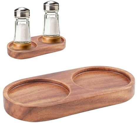 Salz Pfeffermühle Tablett Holz Mühlenuntersetzer Mini Tablett aus Akazienholz Aussparungsdurchmesser 6,3 cm Geeignet für Aromenflaschen Gewürzflaschen Kerzen Tassen usw Braun