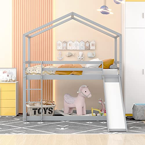 Lexiou Kinderbett Hausbett, Niedriges Etagenbett mit Rutsche, Massivholz-Etagenbettrahmen mit Lattenrost 90x200 cm (Grau)